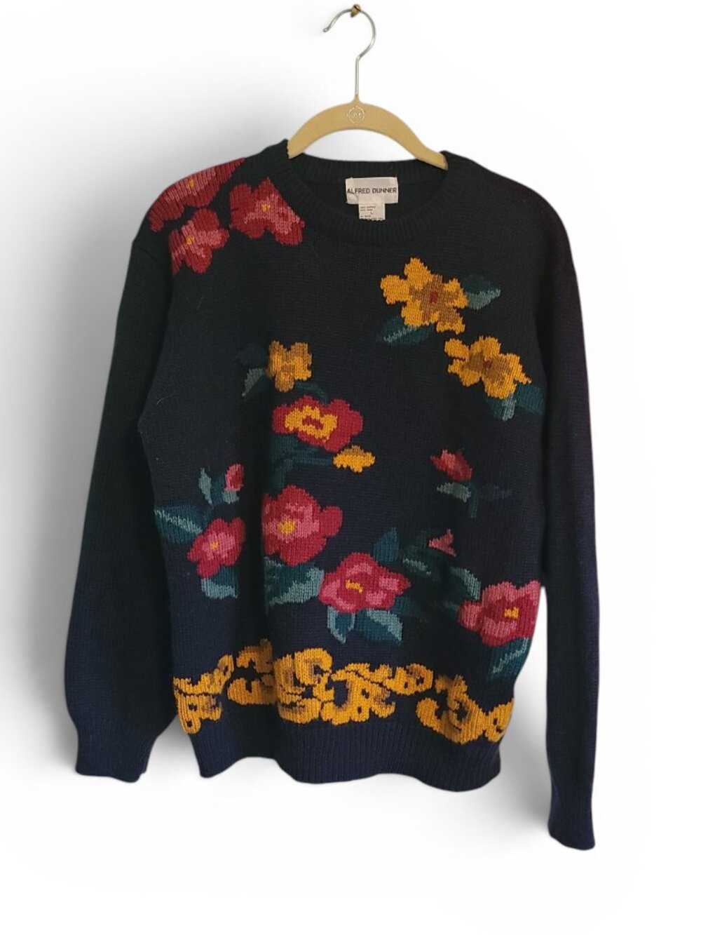 Vintage 90s Navy Blue Colorful Floral Wool Blend Crewneck Sweatshirt Size Large